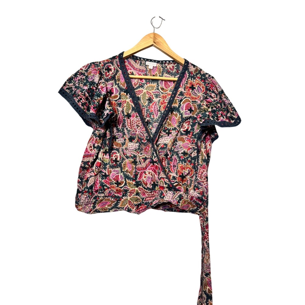 Jennifer & Grace Paisley Wrap Top Small Cotton Crochet Eyelet Cropped Multicolor